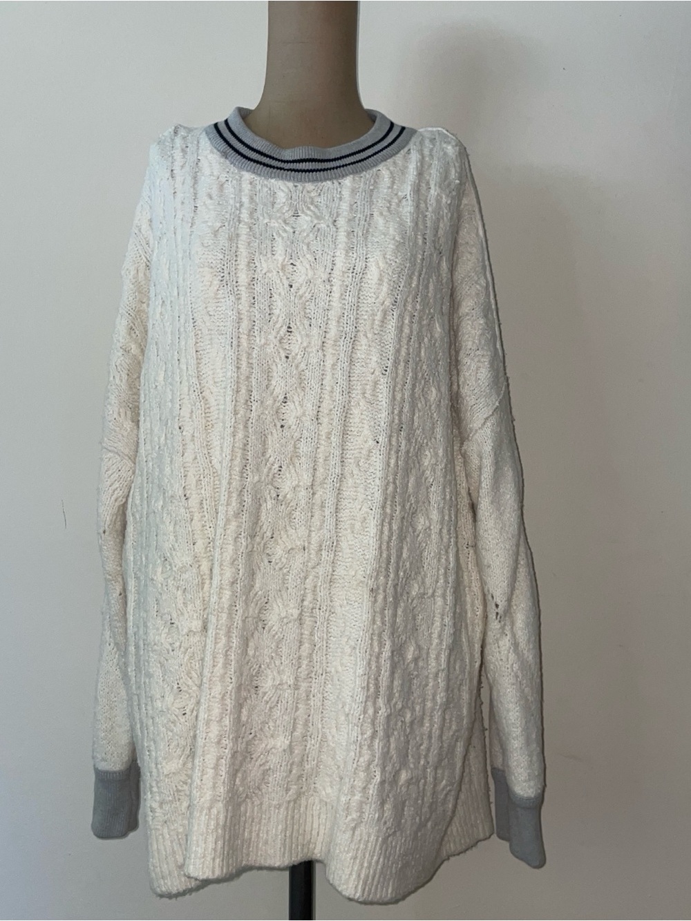 Free People Cream Cable Knit Sweater with Gray Trim